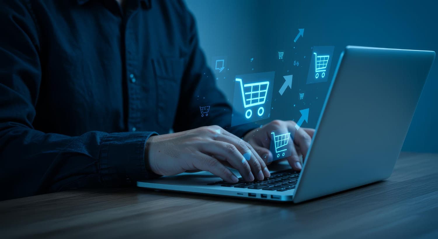 Obsługa sklepu internetowego na laptopie – analiza konwersji i zamówień w e-commerce z ikonami koszyka zakupowego.